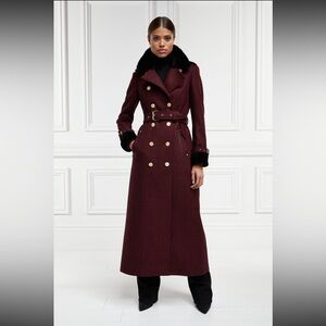 Holland Cooper Burgundy Check Long Coat with Gold Accents and Shearling UK 6
